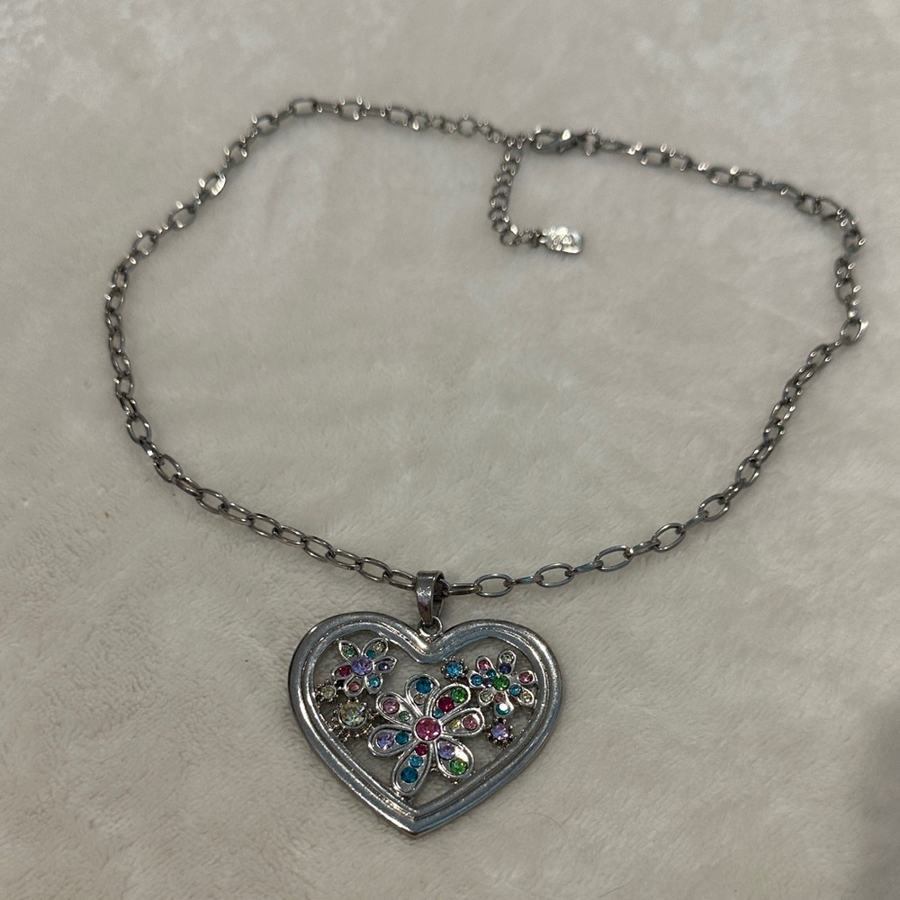 Silver Heart Pendant Necklace with Multicolor Gem Accents